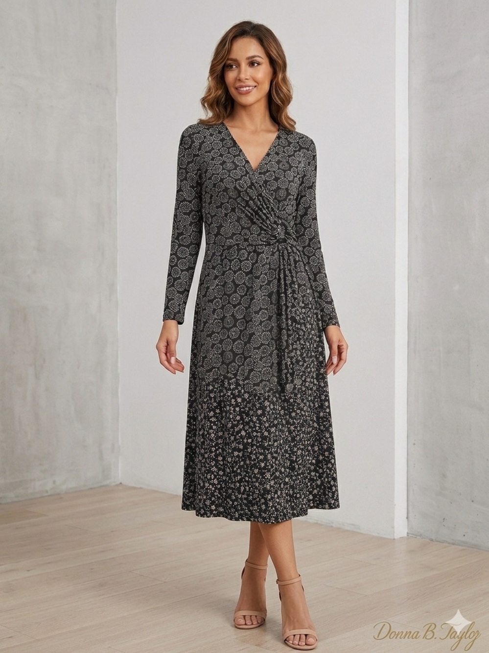 Donna B. Taylor Geometric Circle Print Faux-Wrap Dress - Black & White - Size XL